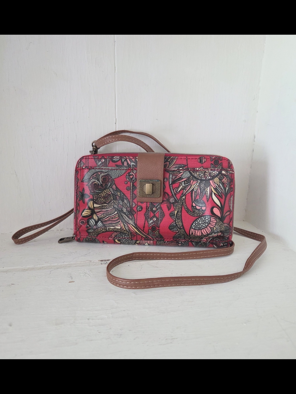 Sakroots Boho Crossbody Wallet Wristlet Red Bird Print Vegan Leather NWOT